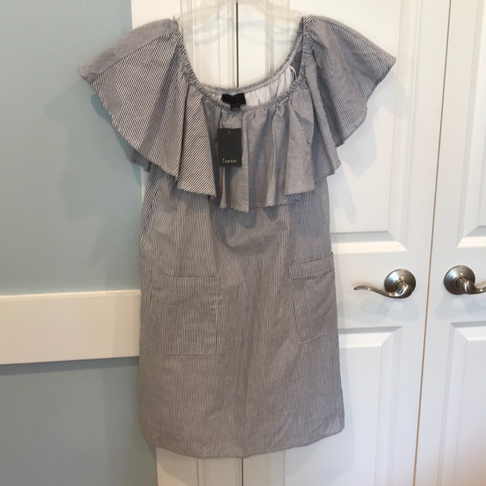 Lumiere Dress NWT. Size L. Blue & white seersucker